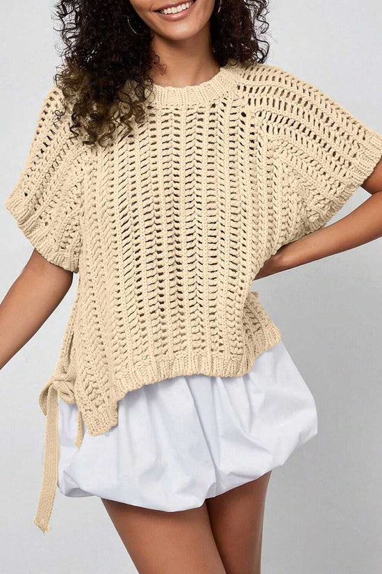 Plus Size Bow Tie Open‑Knit Jumper for Women in beige with soft open-knit fabric, side bow detail, and short sleeves.