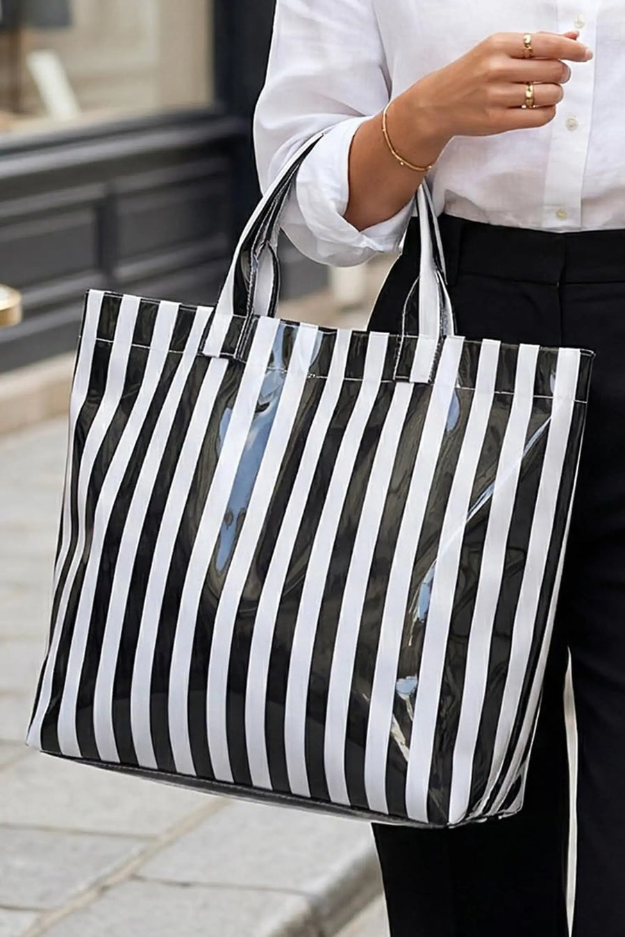 Rainbow Glossy Striped Vinyl Large Tote Bag Women UK