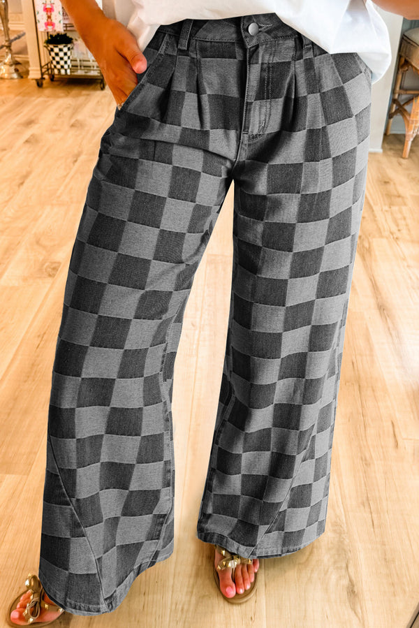 Checkered Wide Leg High Waist Denim Jeans Women UK