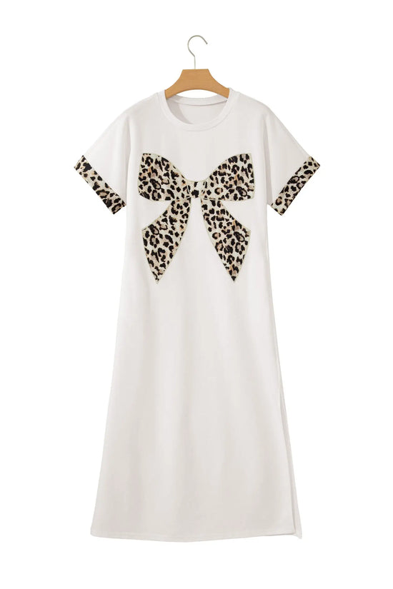 Leopard bow patch short sleeve t-shirt maxi dress thigh slit high waist dresses