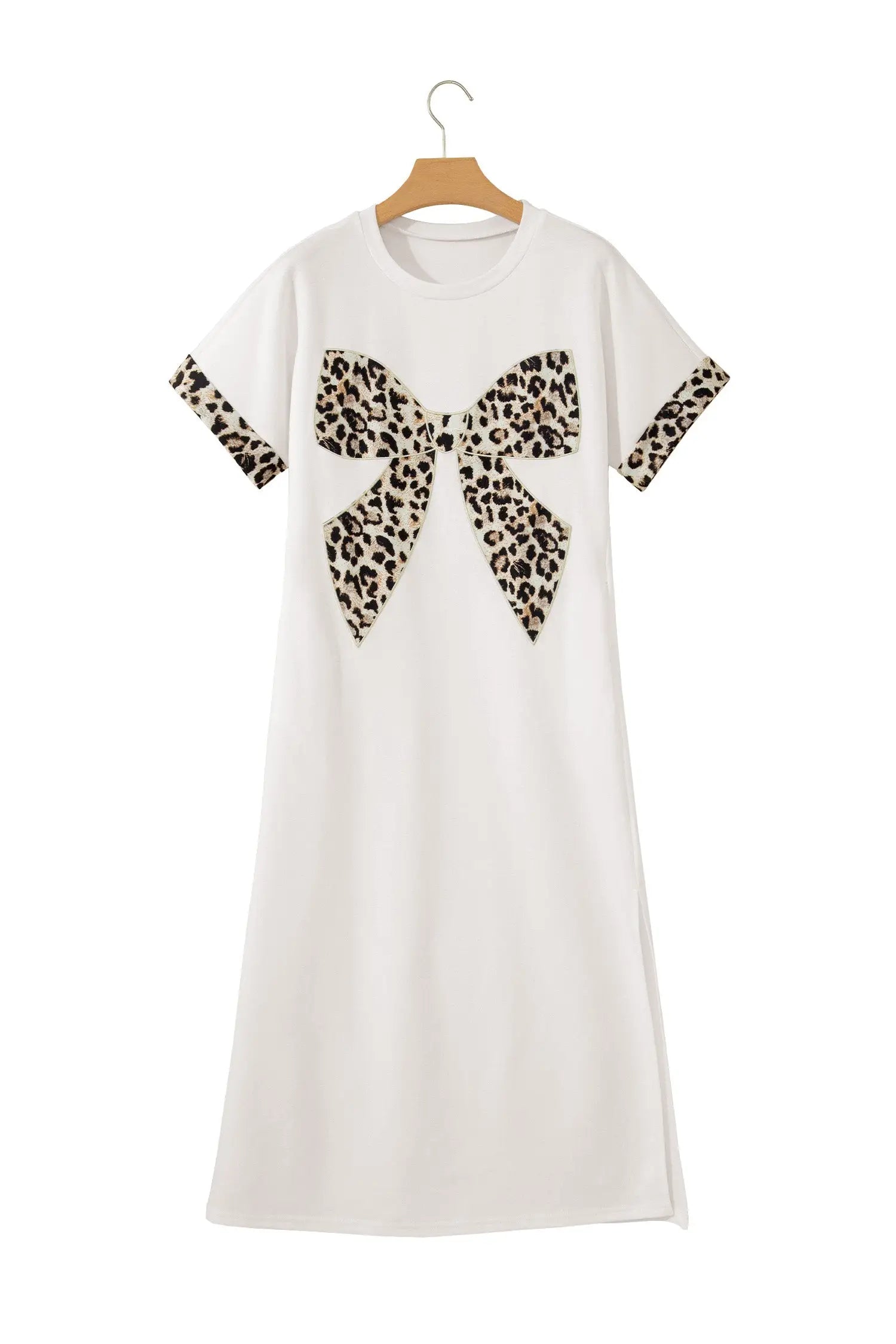 Leopard bow patch short sleeve t-shirt maxi dress thigh slit high waist dresses