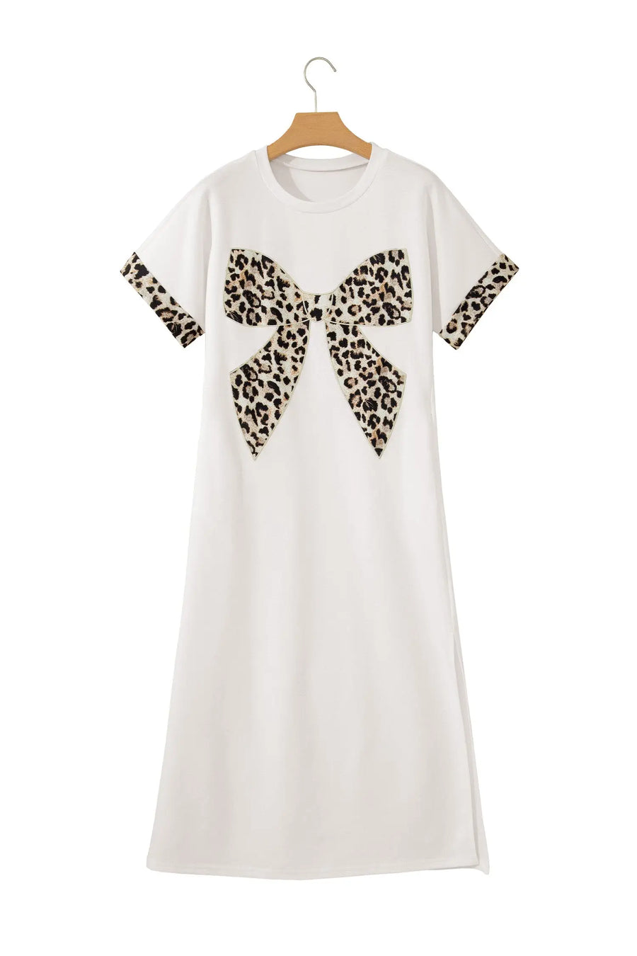 Leopard bow patch short sleeve t-shirt maxi dress thigh slit high waist dresses