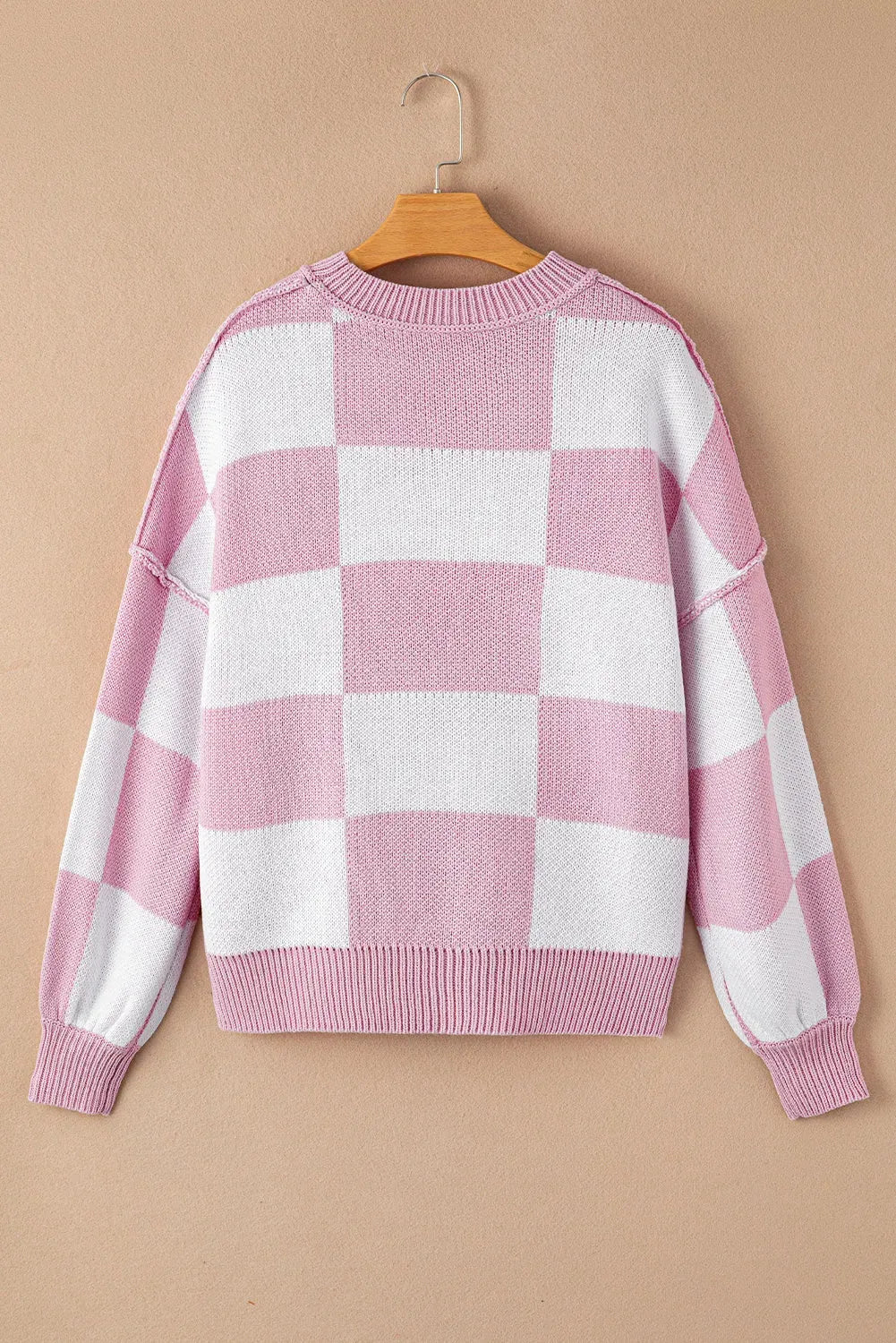 Pink Checkered Bishop Sleeve Sweater - Fashionfitz