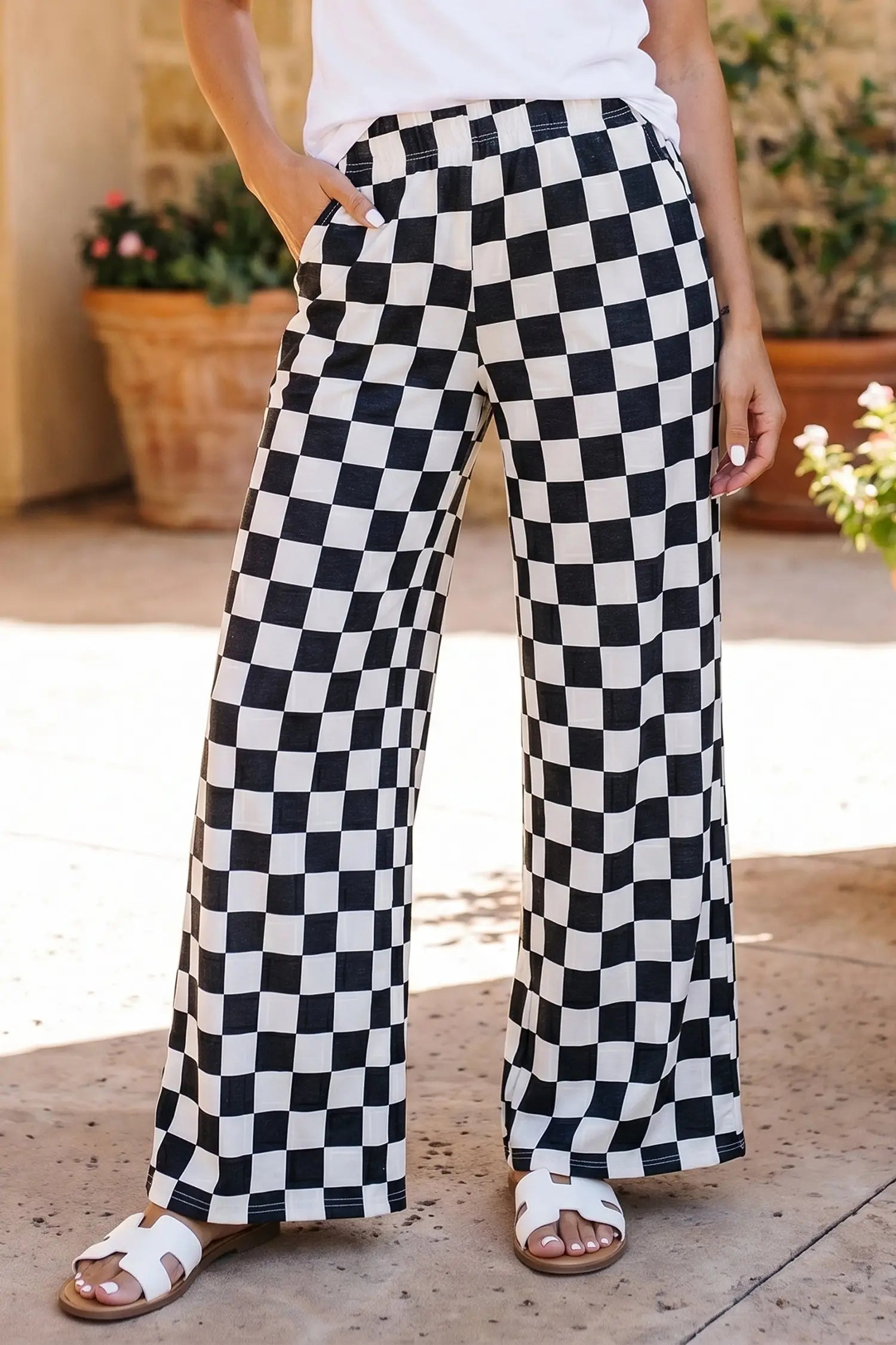 2-tone checked print high waist wide leg trousers with pockets