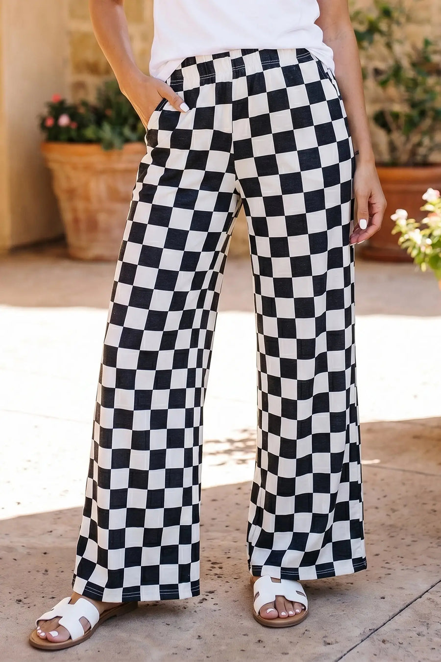 2-tone checked print high waist wide leg trousers with pockets