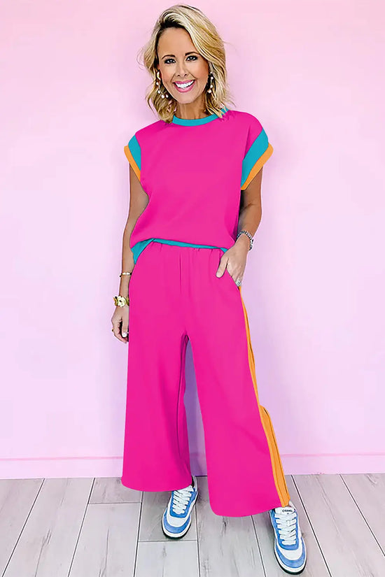 Colour block two piece set cap sleeve wide leg pants women uk