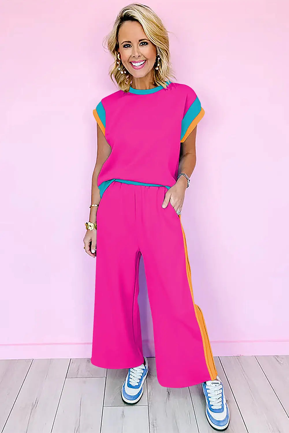 Colour block two piece set cap sleeve wide leg pants women uk