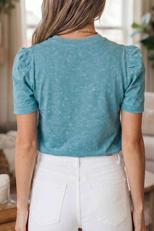 Mineral Wash Western Embroidered Puff Sleeve Cotton Tee