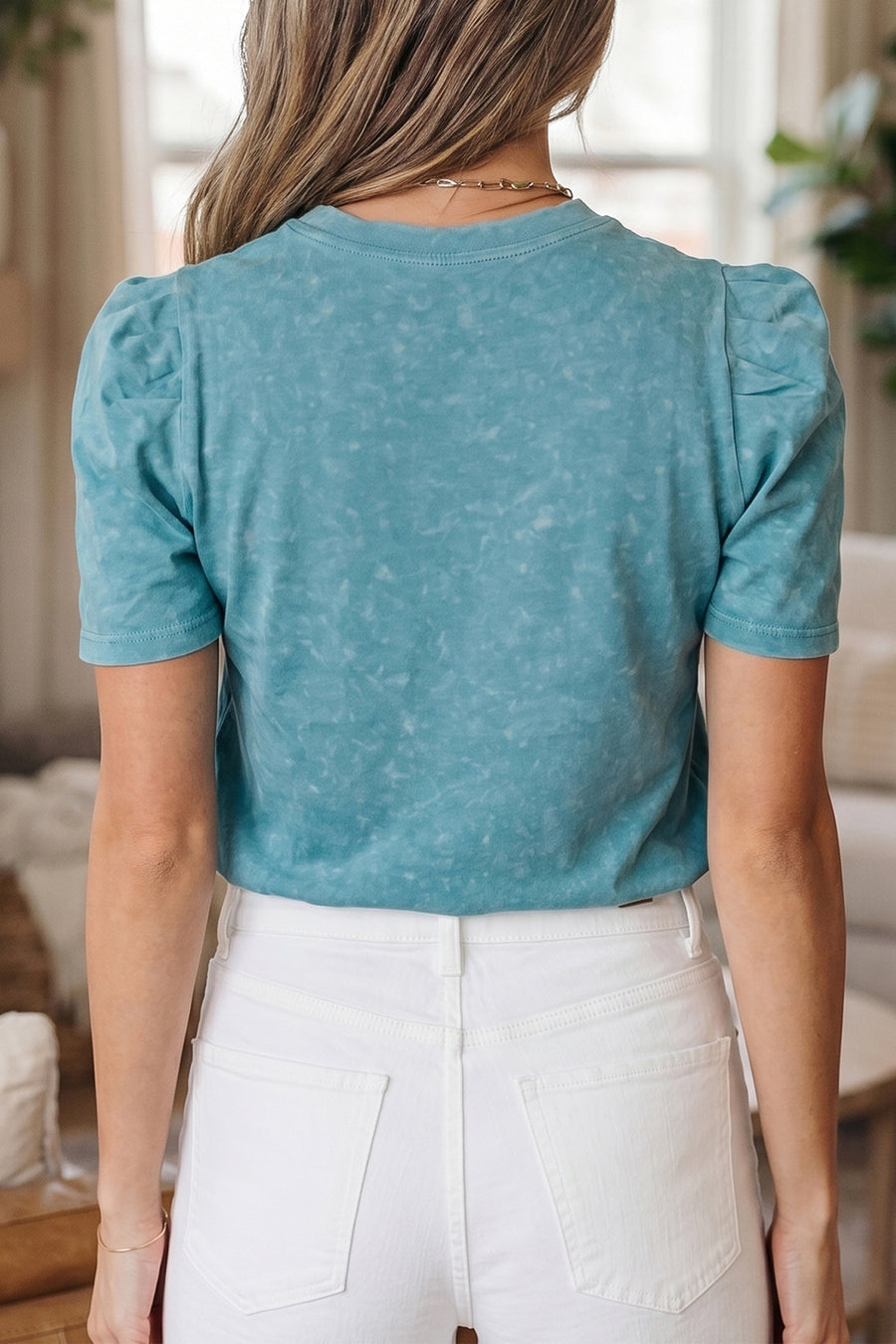 Mineral Wash Western Embroidered Puff Sleeve Cotton Tee — side view | Fashionfitz UK