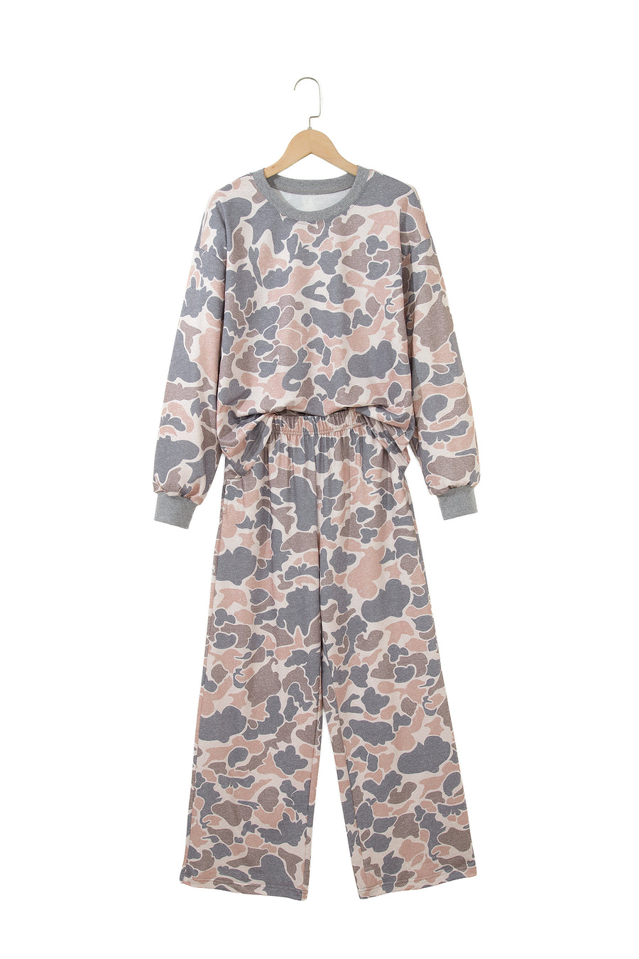 Camo Print Long Sleeve Top Wide Leg Pants Set Women UK