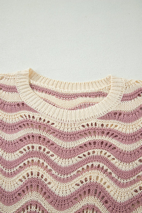 Wavy stripe crochet eyelet ruffle half sleeve knit sweater relaxed fit sweaters