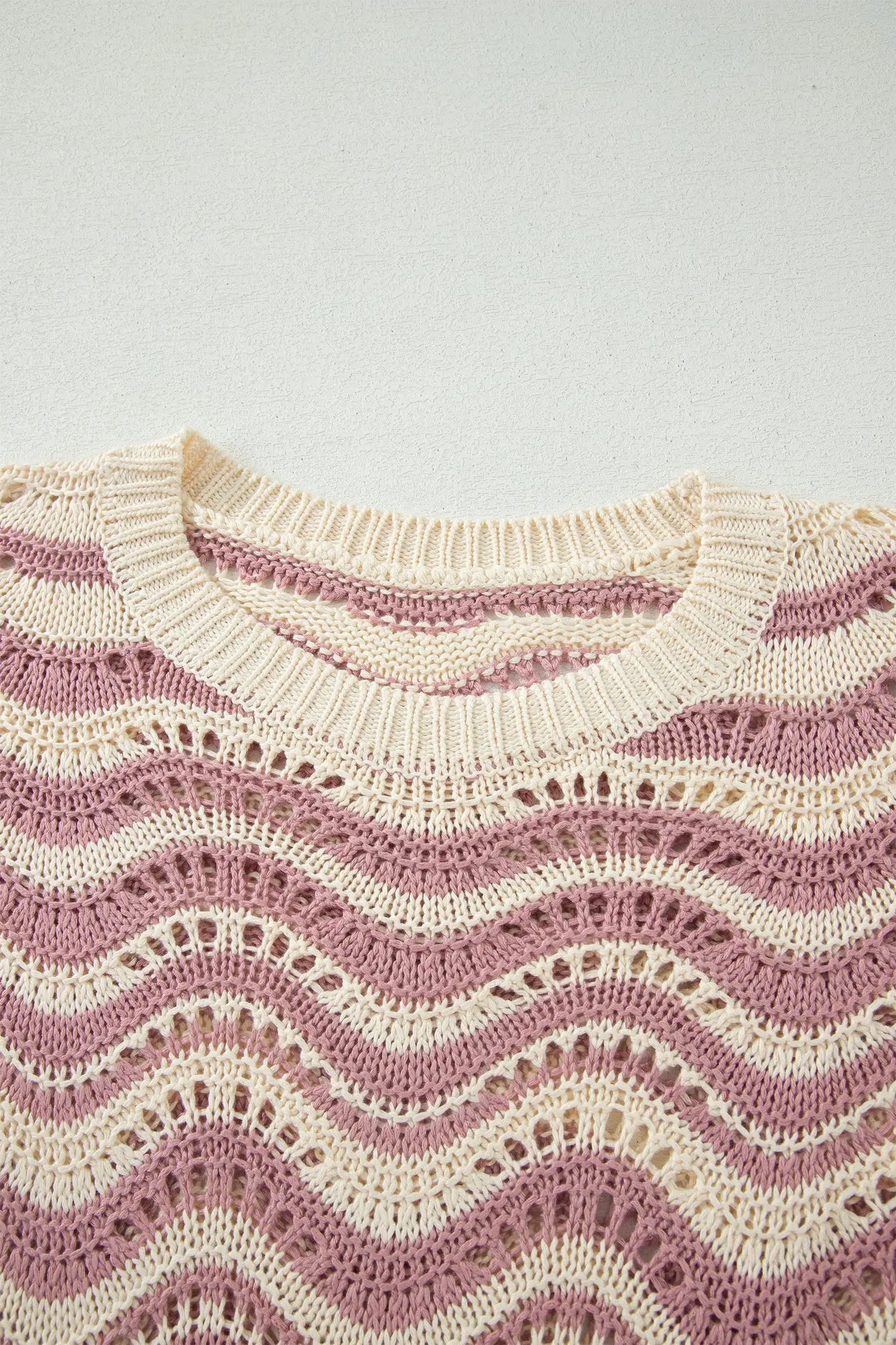 Wavy stripe crochet eyelet ruffle half sleeve knit sweater relaxed fit sweaters