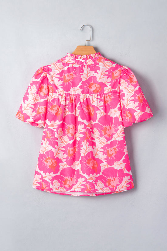 Floral Jacquard Bubble Sleeve Notched V Neck Babydoll Blouse