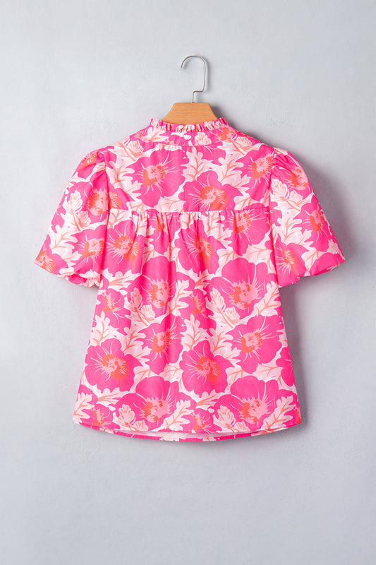 Floral Jacquard Bubble Sleeve Notched V Neck Babydoll Blouse