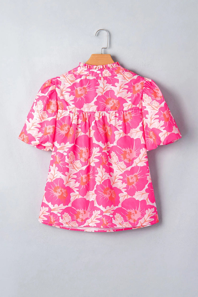 Floral jacquard bubble sleeve babydoll blouse side view | Fashionfitz UK