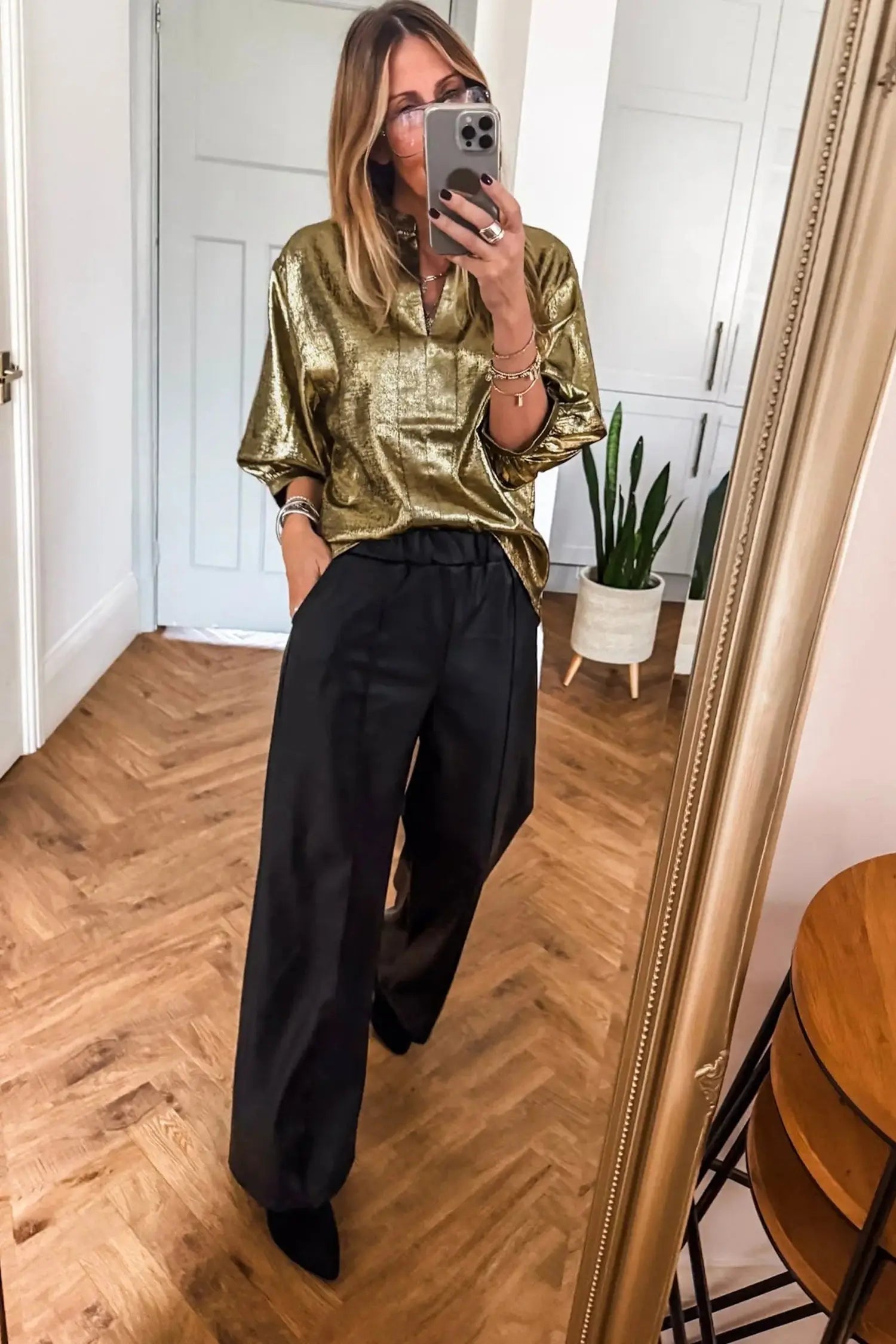 Gold metallic split neck half sleeve blouse women uk