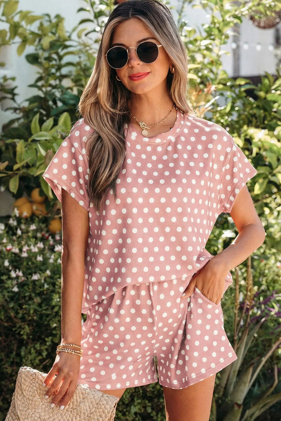 Purple polka dot print short set
