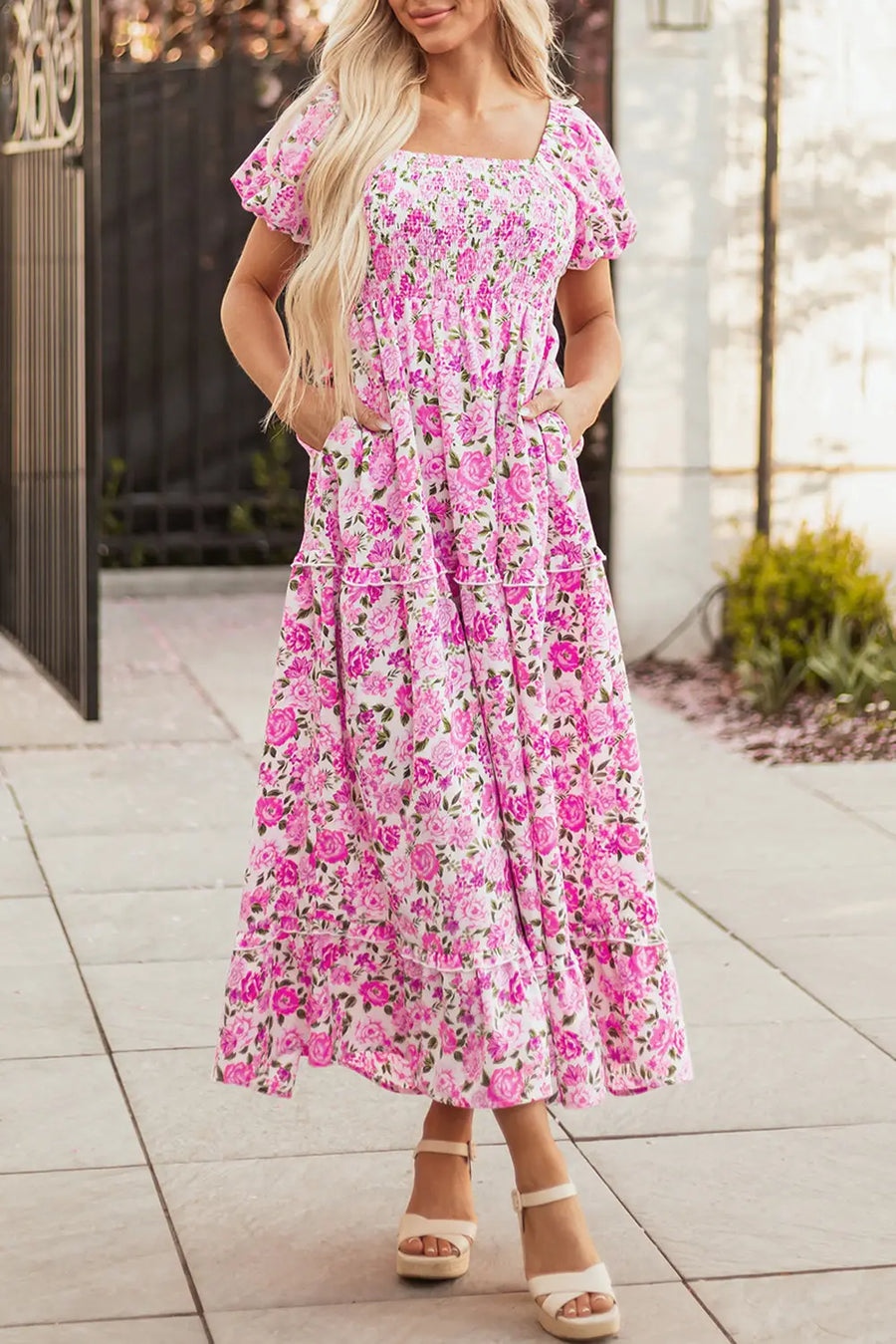 Pink Dainty Floral Smocked Puff Sleeve Flowy Maxi Dress Women UK — close-up detail