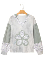 Floral Applique Oversize Hoodie in pear-green waffle knit with V-neck, patchwork sleeves, and large flower applique on front for fall casual wear.