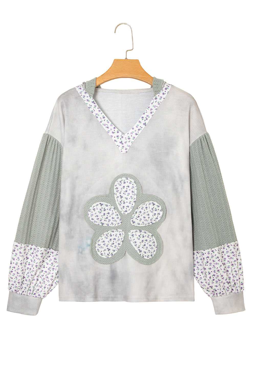 Floral Applique Oversize Hoodie in pear-green waffle knit with V-neck, patchwork sleeves, and large flower applique on front for fall casual wear.