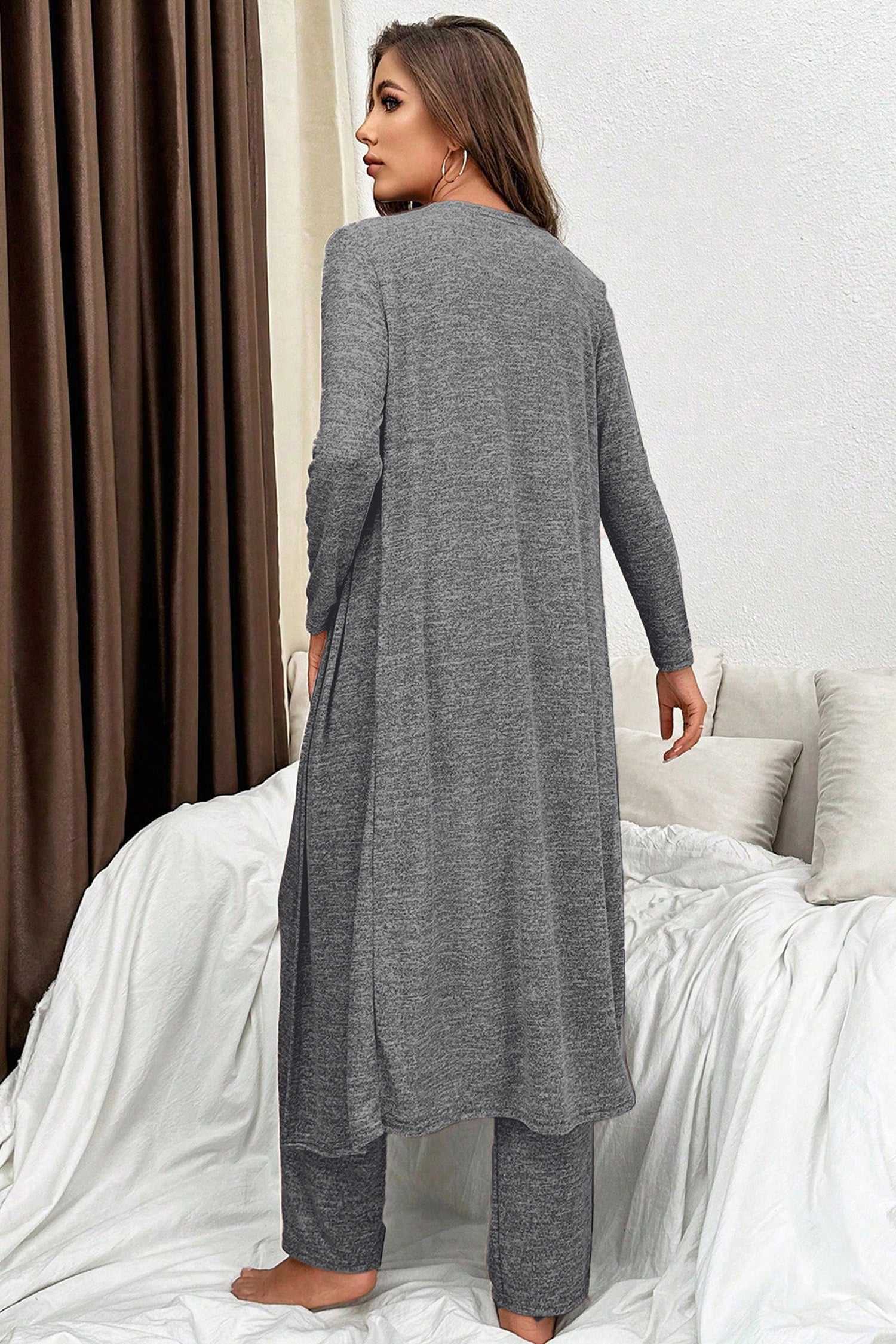 Back view of charcoal Heather Mauve Duster Lounge Trio showing longline duster and wide-leg pants in soft knit fabric for relaxed loungewear appeal.