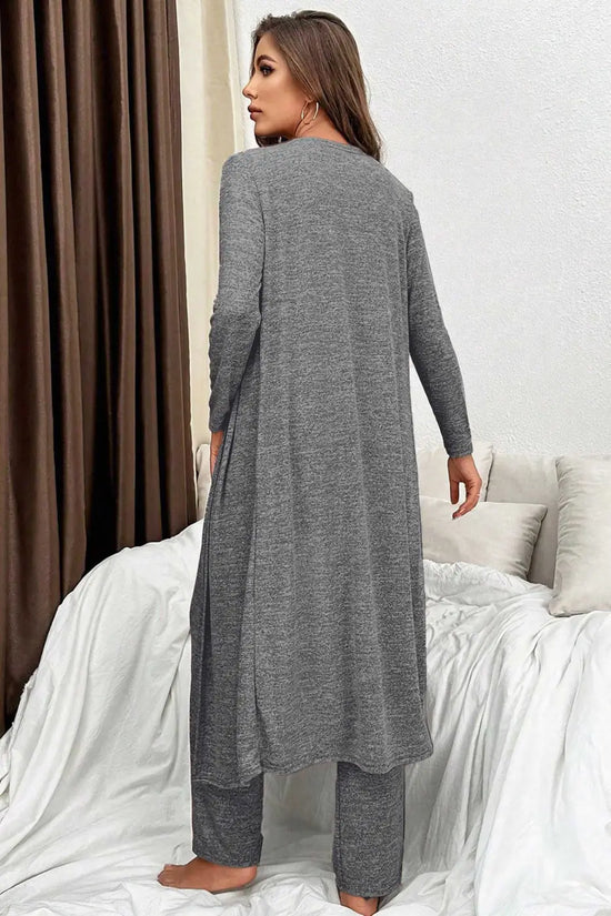 Back view of charcoal Heather Mauve Duster Lounge Trio – 3‑Piece Loungewear Set showing longline duster and wide-leg pants in soft knit fabric.