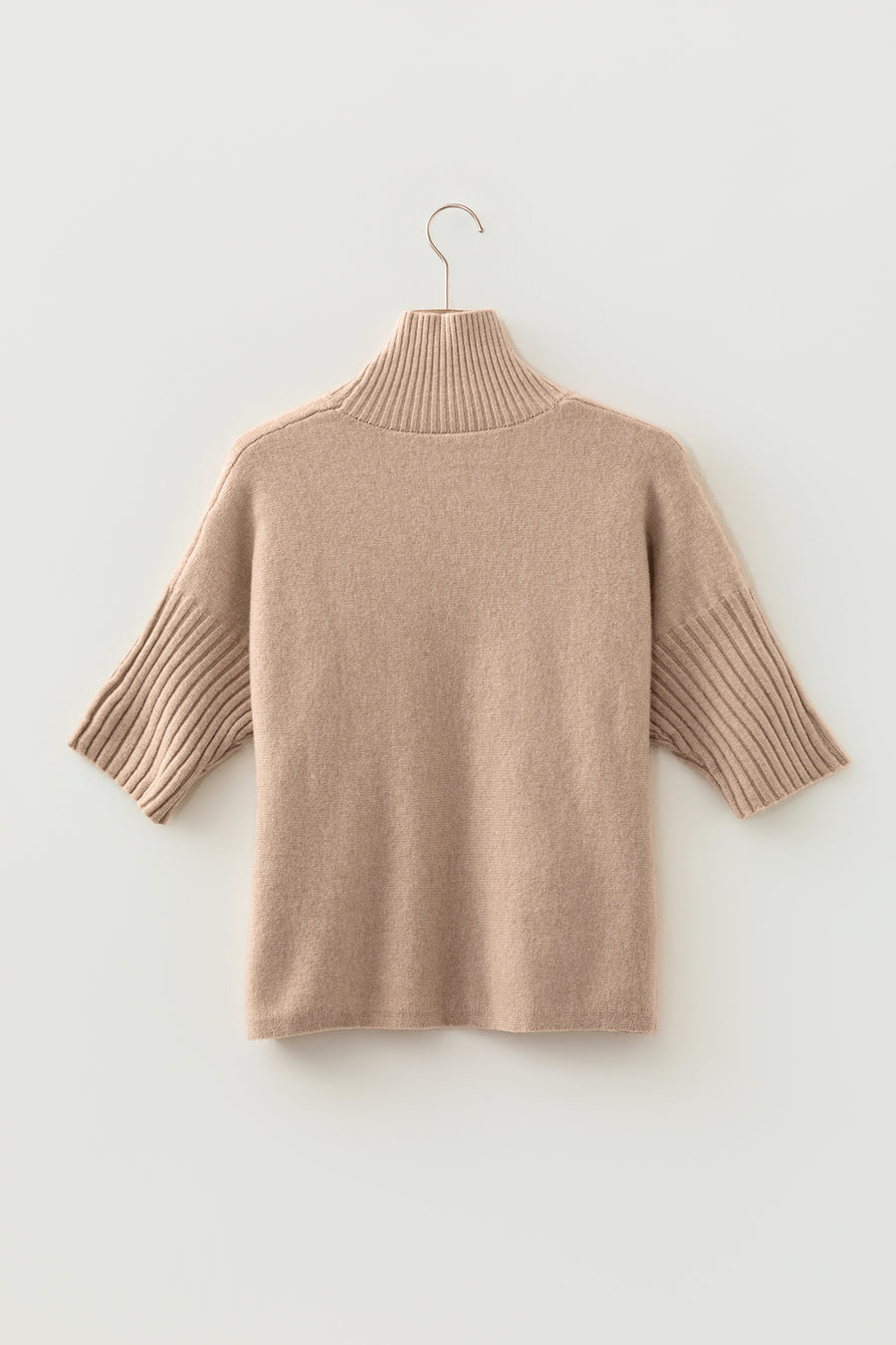 Beige High Neck Short Sleeve Washed Knit Sweater Women UK