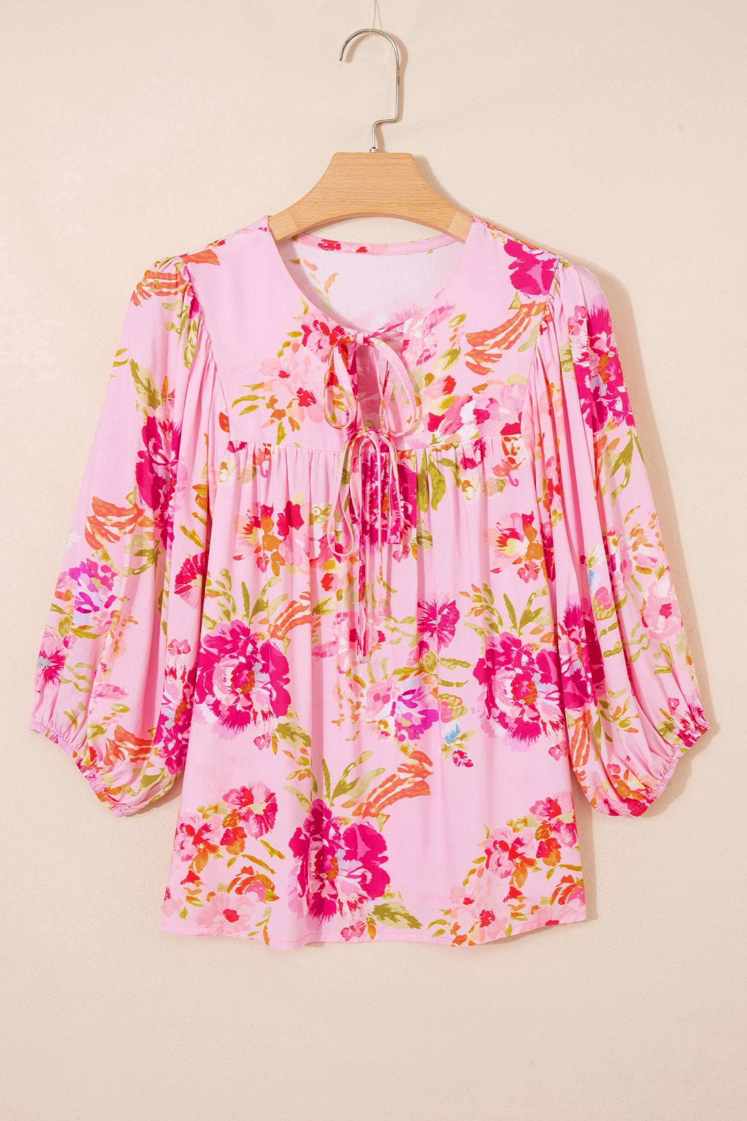 Pink Floral Print Blouse Tie V-Neck Puffy Half Sleeve Relaxed Fit