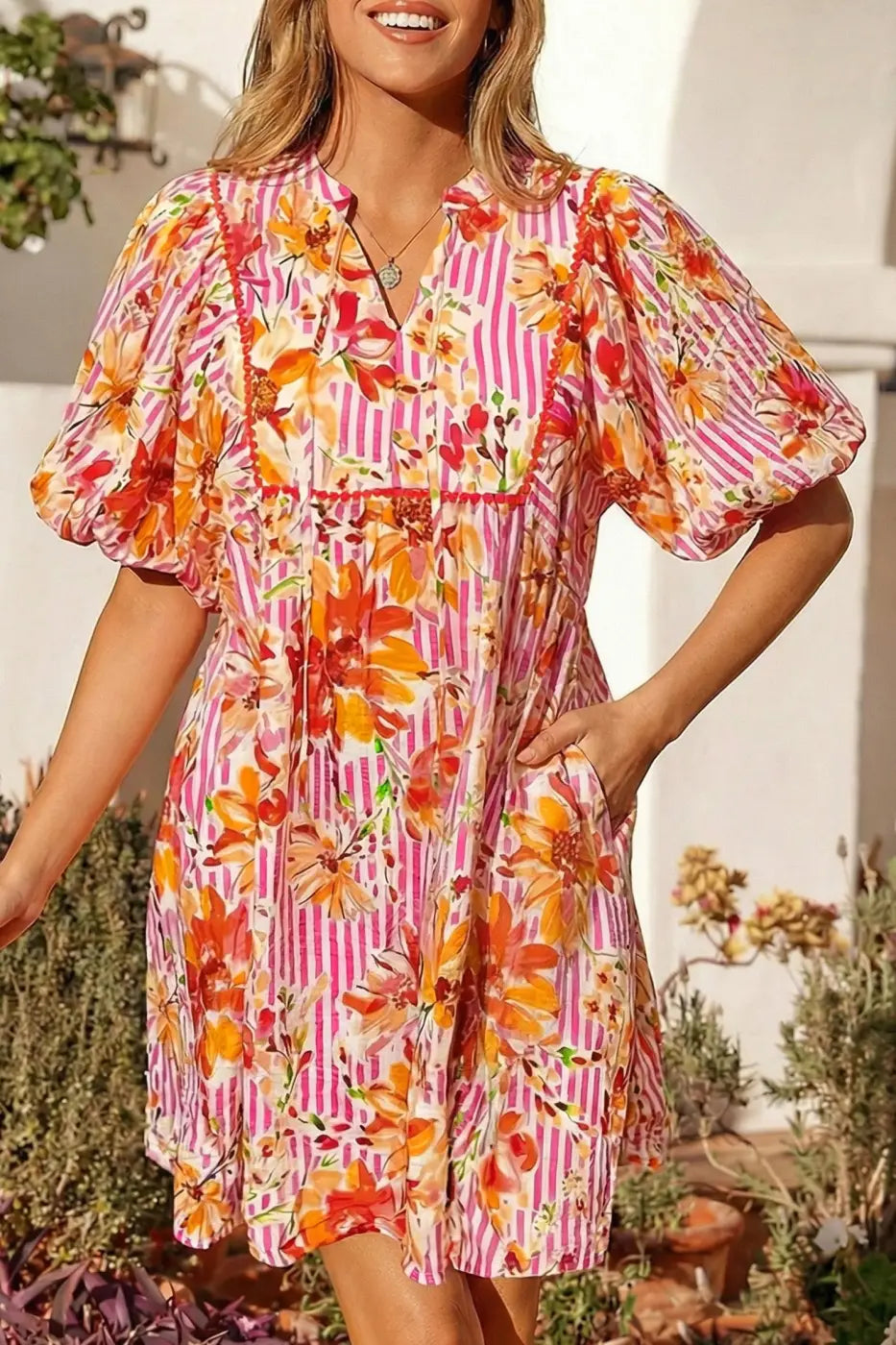 Women’s floral tie neck puff sleeve mini dress | fashionfitz
