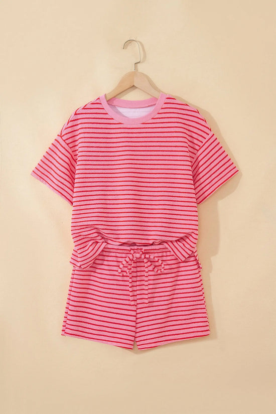 Rose stripe side split knit tee & drawstring shorts co-ord set outfit sets