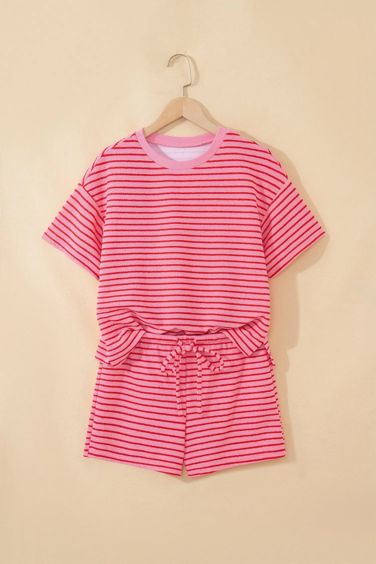 Rose stripe side split knit tee & drawstring shorts co-ord set outfit sets