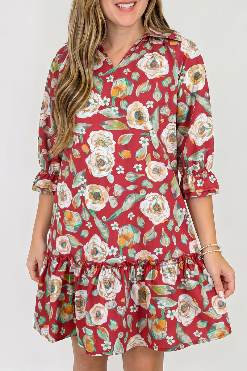 Red Floral Half Sleeve Mini Shift Dress Women UK