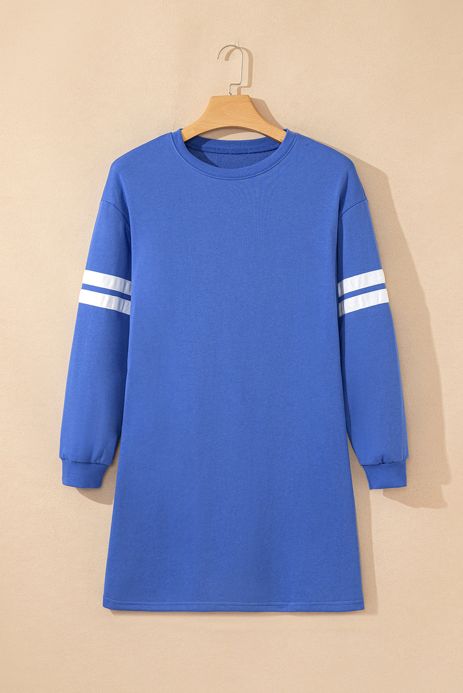 Varsity Contrast Banded Sleeve Sweatshirt Dress Mini Shift with Pockets — close-up detail | Fashionfitz UK