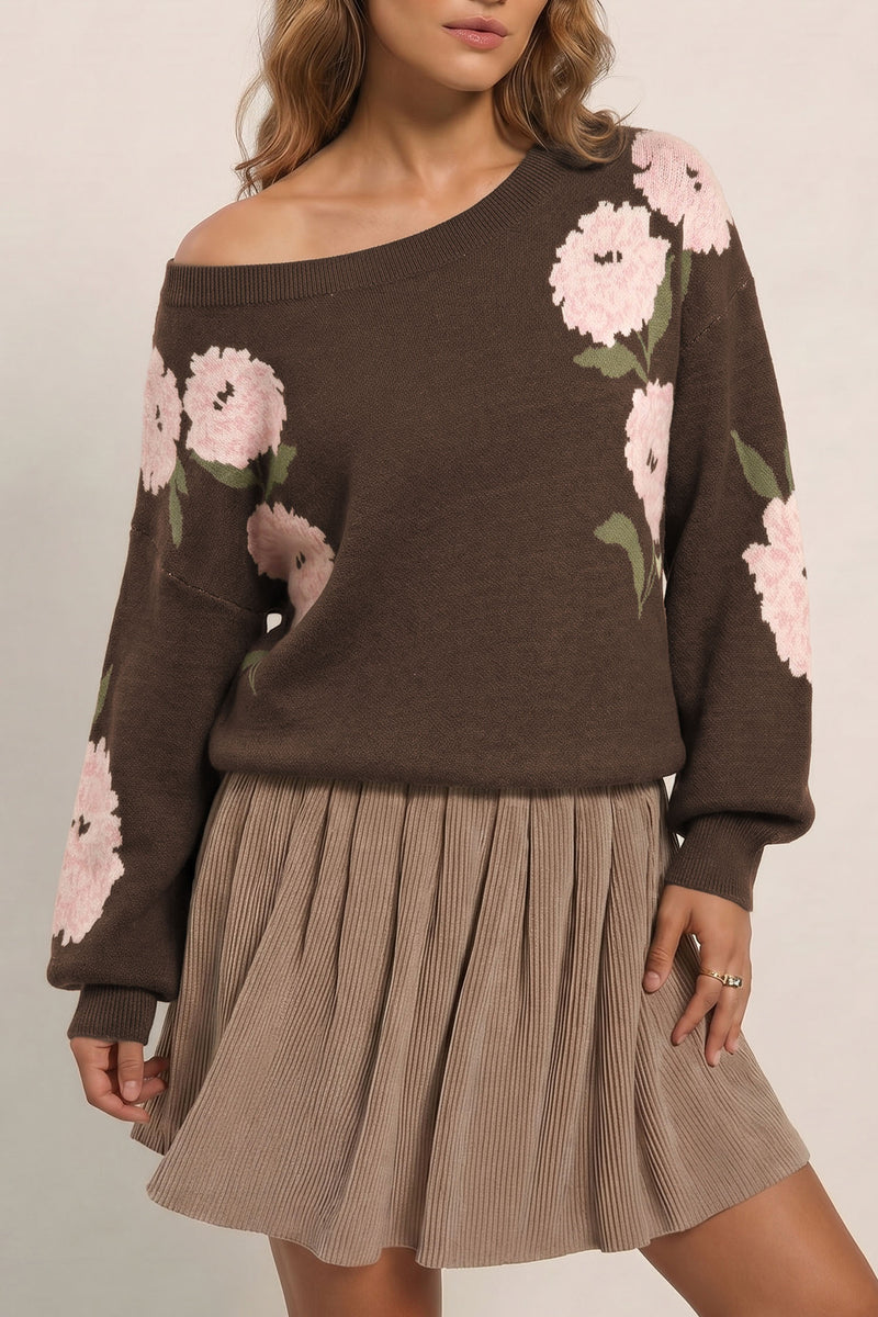 Floral Drop Shoulder Relaxed Pullover Sweater