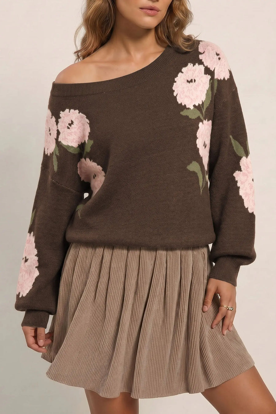 Floral Drop Shoulder Relaxed Pullover Sweater — close-up detail | Fashionfitz UK