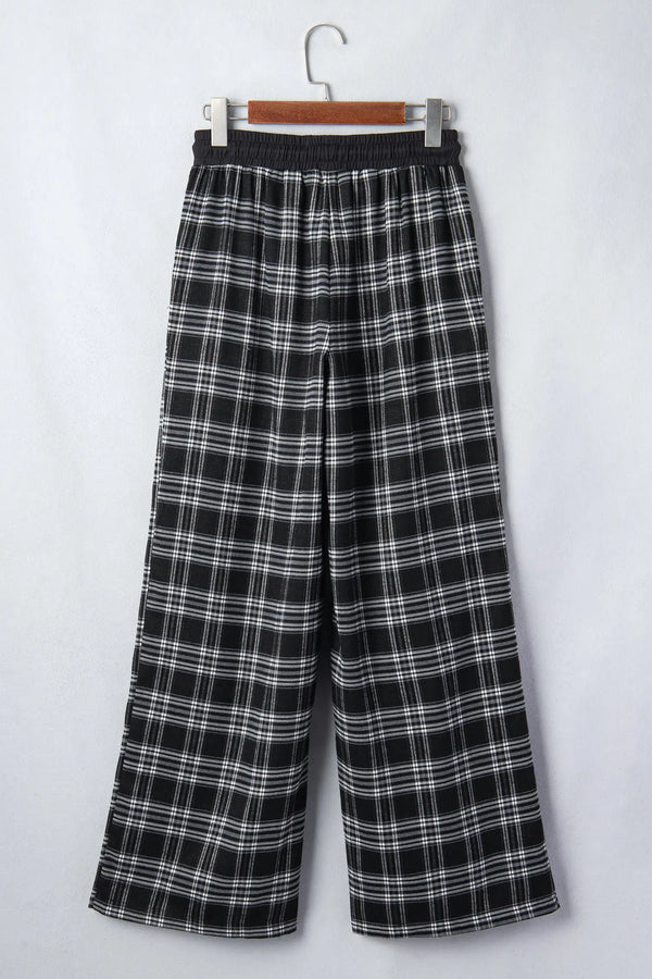Plaid Contrast Drawstring Waist Wide Leg Trousers — side view | Fashionfitz UK