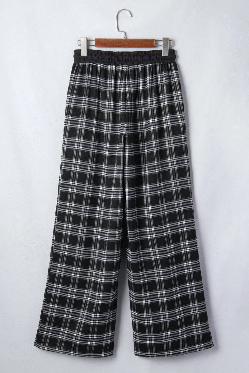 Plaid contrast drawstring wide leg trousers back view — Fashionfitz UK