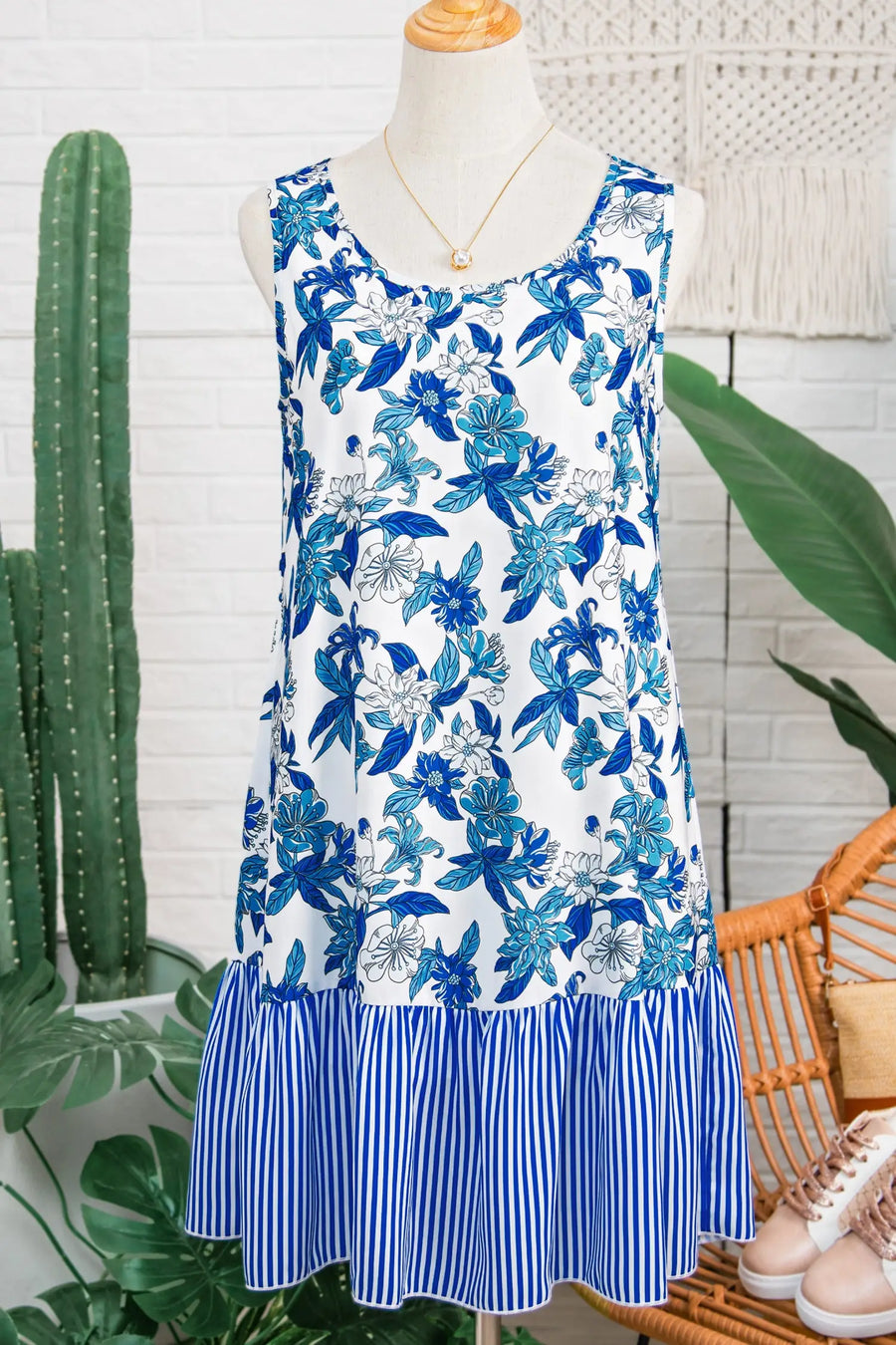 Sky Blue Floral U Neck Sleeveless Striped Ruffle Hem Dress Women UK — side view