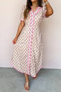 Pink Floral Scallop Trim V Neck Button Front Maxi Dress Women UK — front view