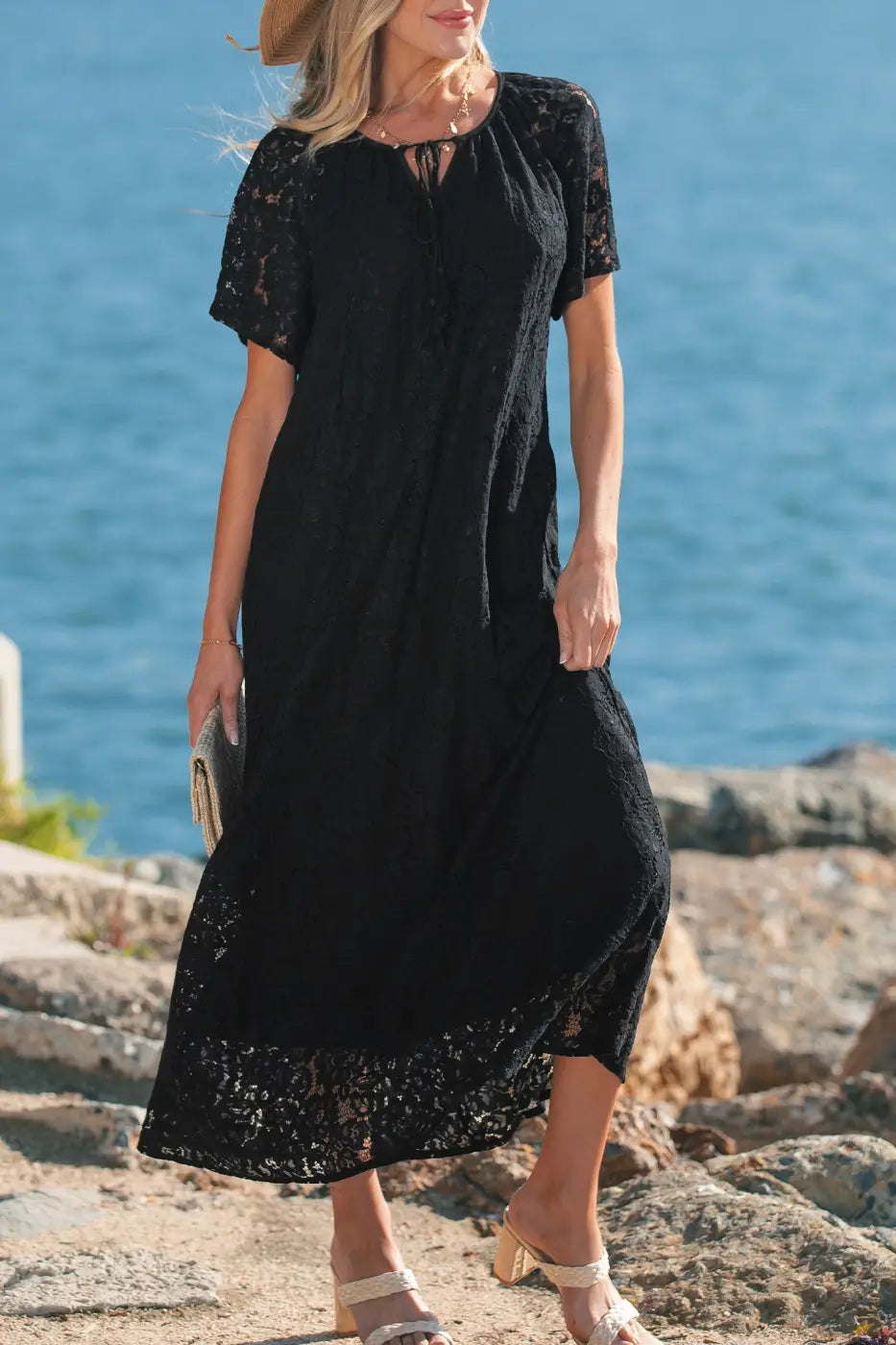 Black lace maxi dress women | overlay sundress