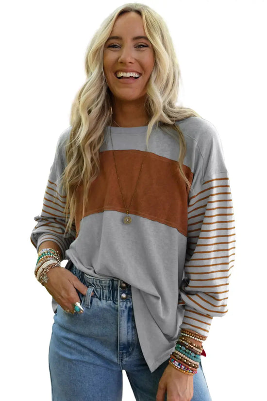 Green colorblock bishop sleeve top - striped casual chic
