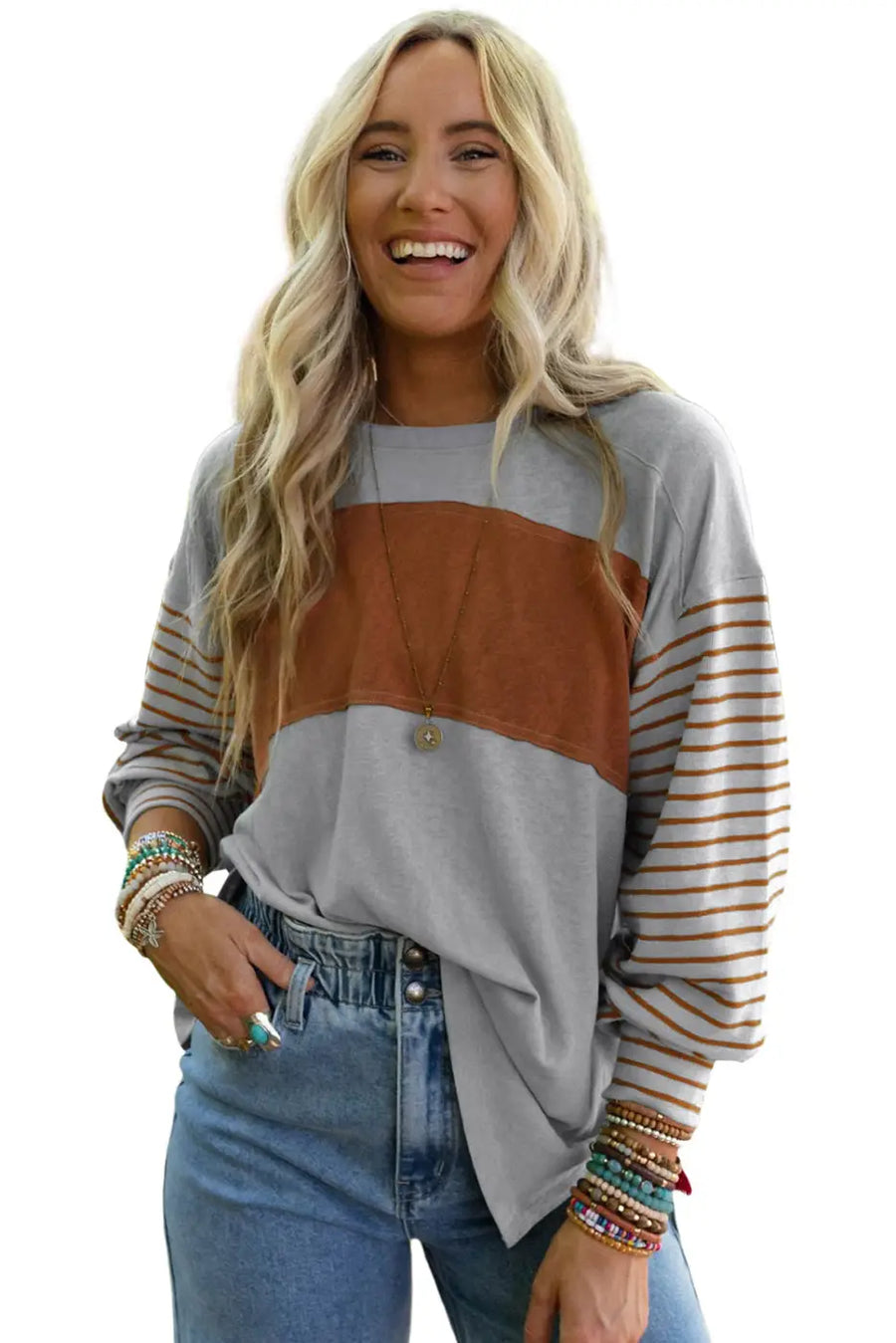 Green colorblock bishop sleeve top - striped casual chic