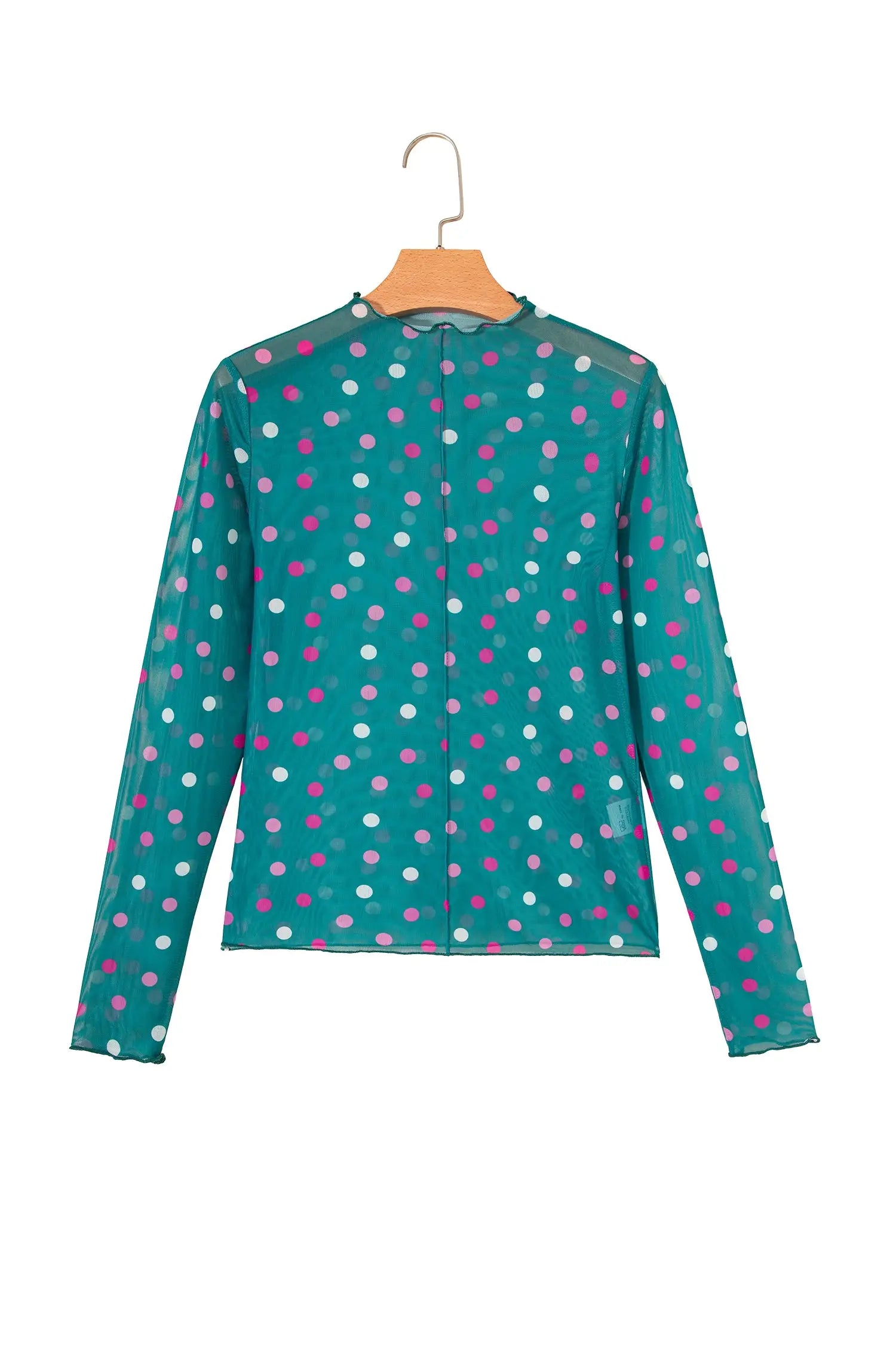 Polka dot mesh bodycon top mock neck long sleeve sheath fit