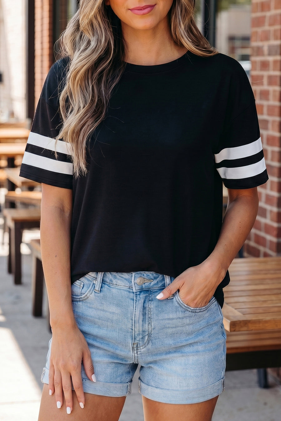Varsity Stripe Crew Neck Short Sleeve Cotton T-Shirt — angled view | Fashionfitz UK