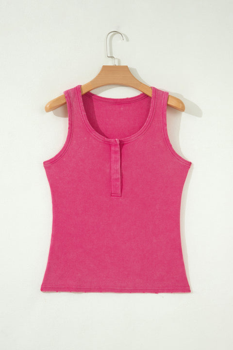 Vintage distressed ribbed mineral wash button neck tank top front view — Fashionfitz UK