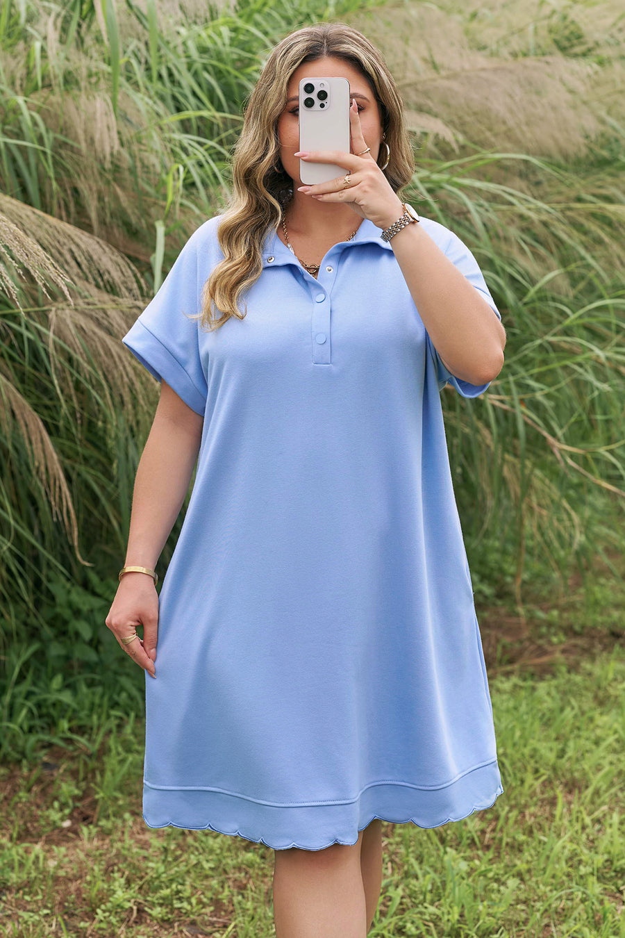 Scalloped Hem Button Neck Pullover Plus Size Mini Dress Women UK