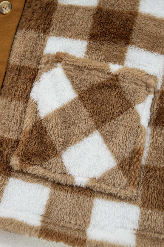 Pocket detail of Women's Brown Checkered Sherpa Cardigan, featuring soft fleece texture and matching plaid pattern for stylish utility.