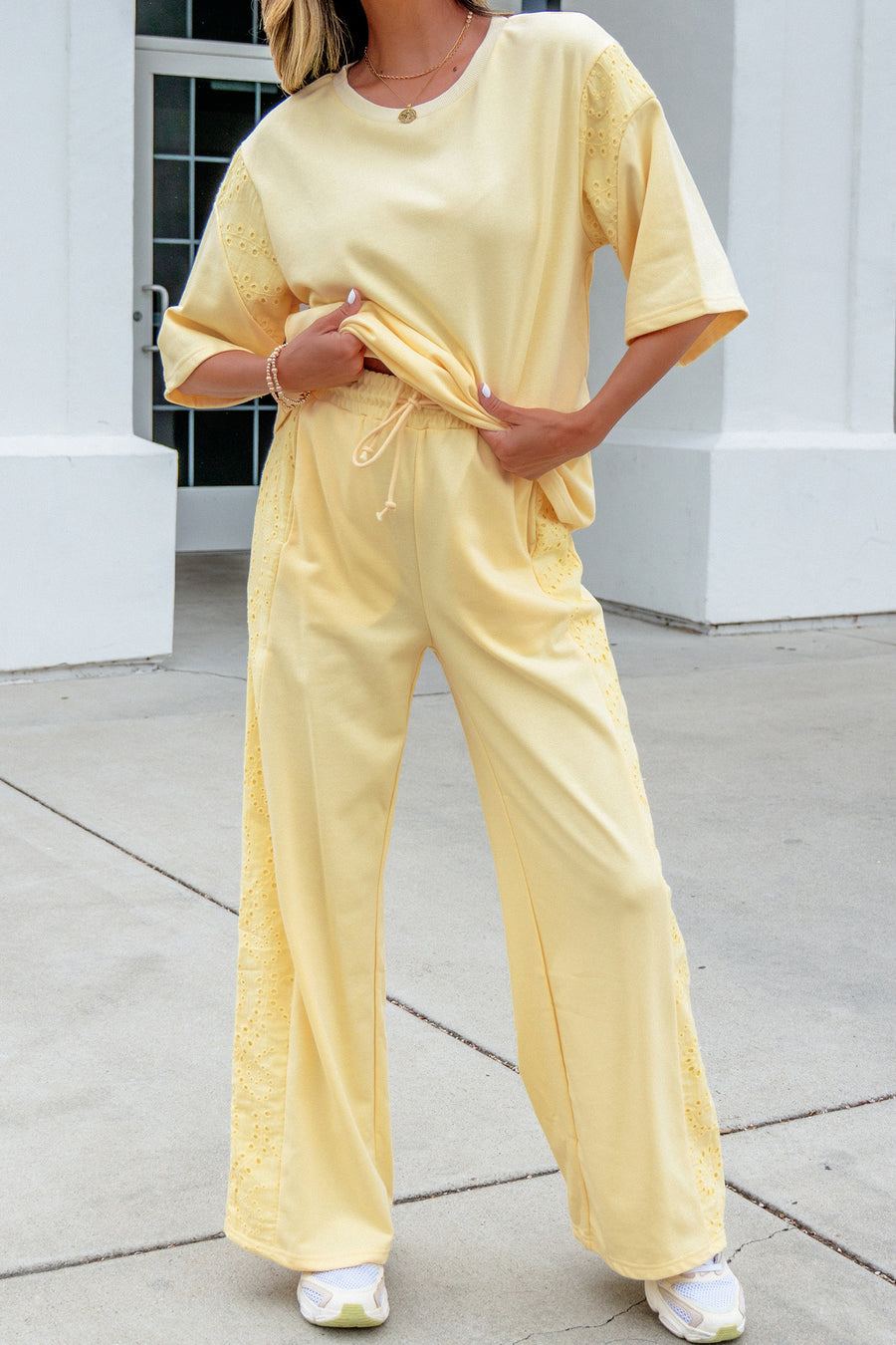 Lace Patchwork Half Sleeve Top & Wide Leg Pants Two Piece Set