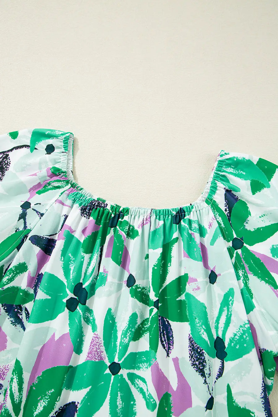 Green Floral Shirred Square Neck Loose Fit Mini Dress Women UK