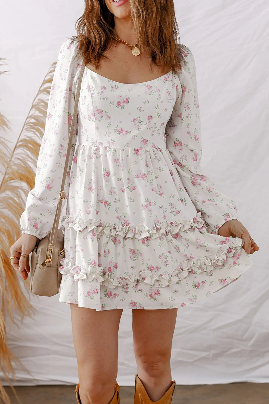 Pink Floral Long Sleeve Ruffle Detail Flared Mini Dress Women UK — model shot